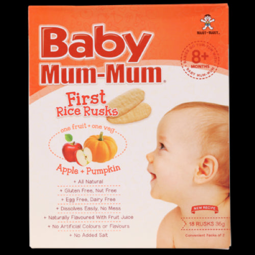 Baby Mum-Mum Apple & Pumpkin Rice Rusks: nutritious, gluten-free snacks for babies, perfect for teething and early solid food introduction.