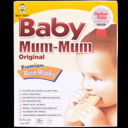 Baby Mum-Mum Original Premium Rice Rusks packaging, gluten-free baby snack designed for first snacks, easy to digest.