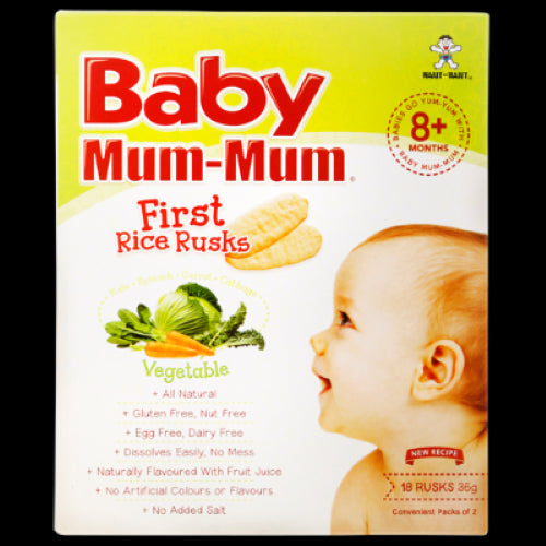 Baby Mum-Mum Vegetable Rice Rusks in a 36g pack, ideal first snack for babies with wholesome ingredients and easy self-feeding design.