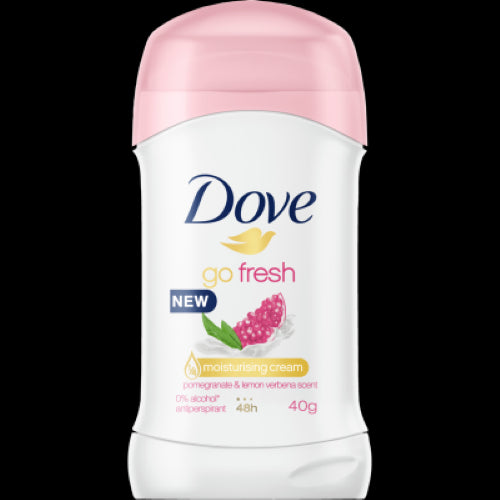 Dove Go Fresh Pomegranate & Lemon Verbena Antiperspirant Stick for 48-hour sweat protection and moisturizing care.