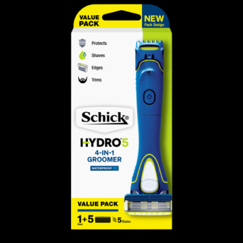 Schick Hydro 5 4-in-1 Groomer Kit for shaving, edging, trimming, and hydrating skin, ensuring a smooth, irritation-free experience.