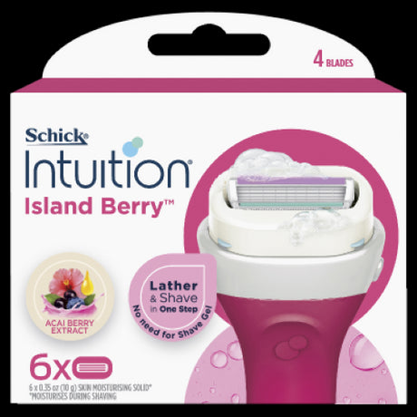 Schick Intuition Island Berry Cartridges 6pk: 4-blade pivoting head for a smooth shave with Acai Berry scent, no shave gel needed.