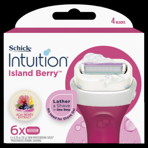 Schick Intuition Island Berry Cartridges 6pk with Acai Berry extracts for a fragrant, moisturizing, and smooth shaving experience.