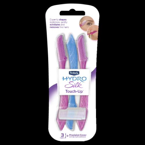Schick Hydro Silk Touch Up razors in a 3-pack, featuring hydrating serum for gentle, precise hair removal on sensitive areas.