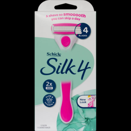 Schick Silk 4 Razor with 4 ultra-thin blades, pivoting head, and ergonomic rubber handle for a smooth, comfortable shave.