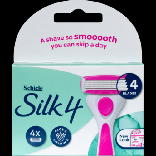 Schick Silk 4 for Women Razor Refills 4pk with 4 ultra-thin blades and Aloe & Vitamin E for a smooth, irritation-free shave.