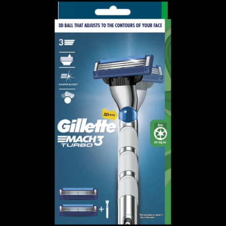 Gillette Mach 3 Turbo Razor with handle and two advanced cartridges for a smooth, close shave with 3D motion technology.
