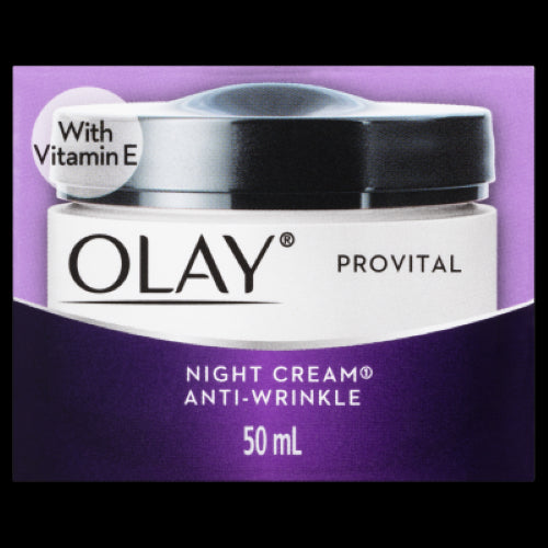 Olay Anti-Wrinkle Provital Night Cream in a 50ml jar, designed for mature skin, boosts hydration and reduces fine lines.