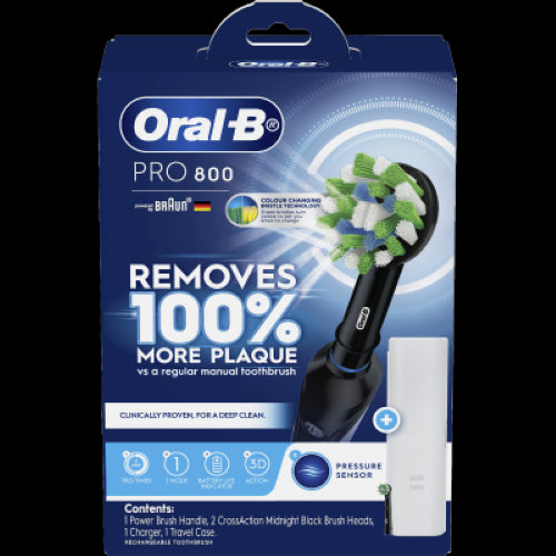 Oral-B Pro 800 electric toothbrush with Cross Action head for superior plaque removal and built-in timer for optimal brushing.