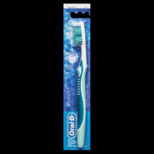 Oral-B Complete 3D White Medium Manual Toothbrush with polishing cups and power tip bristles for a brighter smile.