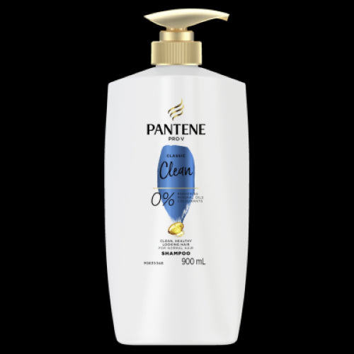 Pantene Pro-V Classic Clean Shampoo 900ml for clean, healthy hair; removes impurities while retaining moisture, suitable for all hair types.