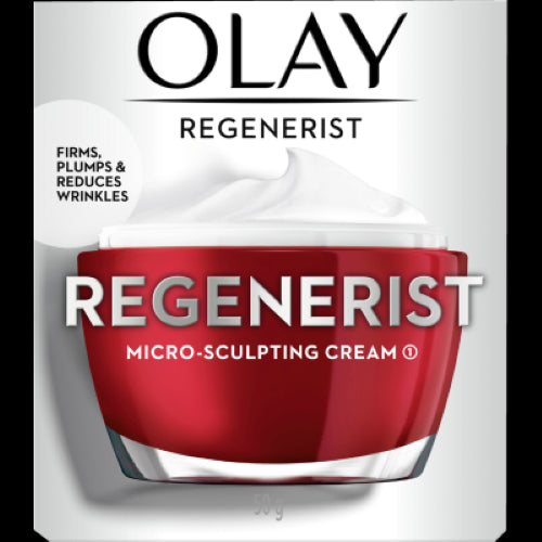 Olay Regenerist Micro-Sculpting Cream 50g, an anti-aging moisturizer that firms, hydrates, and reduces wrinkles for youthful skin.