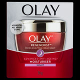 Luxurious Olay Regenerist night cream, enriched with peptides and niacinamide to hydrate and rejuvenate aging skin.