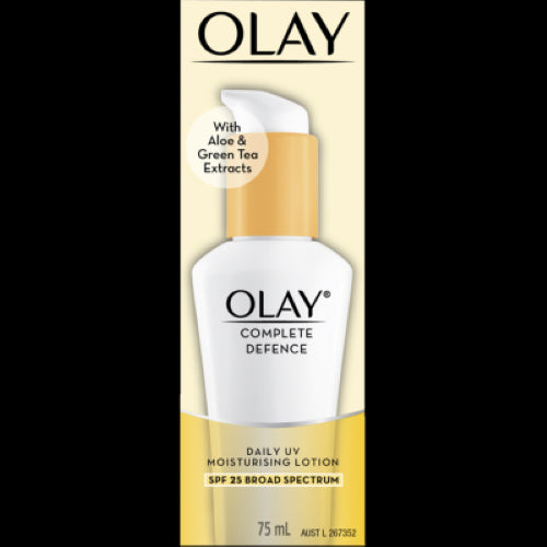 Olay Complete Defence Moisturising Lotion SPF30+ in 75ml provides hydration and UV protection with Aloe and Green Tea extracts.