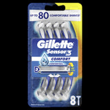 Gillette Sensor3 Comfort Disposable Razors 8pk featuring three blades, ergonomic handle, and soothing comfort strip for a smooth shave.