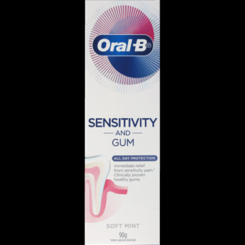 Oral-B Sensitivity & Gum All Day Protection Soft Mint Toothpaste in a 90g tube, designed for sensitive teeth and gum care.