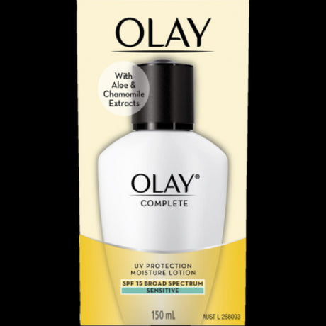 Olay Complete Moisture Lotion for Sensitive Skin with SPF 15, enriched with Aloe and Chamomile for hydration and protection.