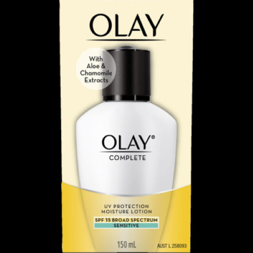 Olay Complete Moisture Lotion for Sensitive Skin with SPF 15, enriched with Aloe and Chamomile for hydration and protection.