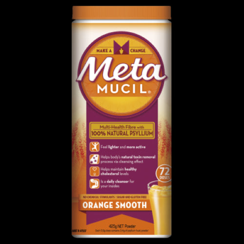 Metamucil Orange Smooth Daily Fibre Supplement packets for gut health, featuring natural psyllium husk in a tasty orange flavor.