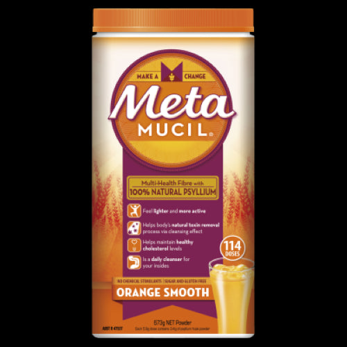 Metamucil Orange Smooth Daily Fibre Supplement 673g, rich in natural psyllium, supports gut health and regularity in a tasty drink.