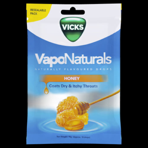 Vicks VapoNaturals Honey Throat Drops in a 19-pack, providing soothing relief for dry, itchy throats with honey and menthol flavor.