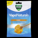 Vicks VapoNaturals Honey Throat Drops pack, soothing relief for dry throats with honey and menthol flavor in a convenient 19-pack.