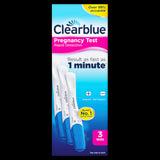 Clearblue Rapid Detection Pregnancy Test 3pk with color change tip, delivering over 99% accuracy in just 1 minute.