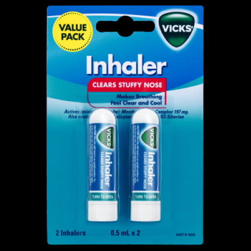 Vicks Nasal Decongestant Inhaler 2pk offers rapid relief for stuffy noses, compact and perfect for on-the-go convenience.