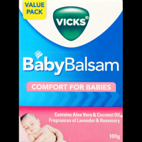 Vicks Comfort For Babies Babybalsam 100g, a soothing balm with lavender, rosemary, and eucalyptus for gentle baby care.