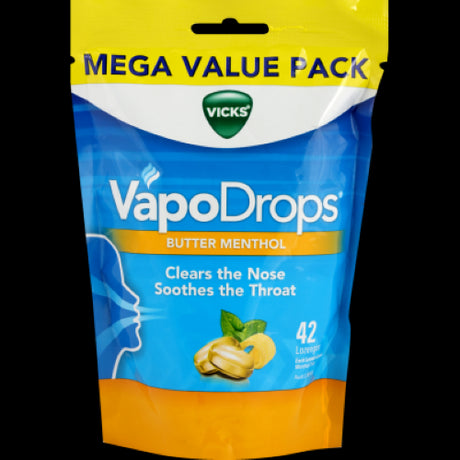 Vicks VapoDrops Butter Menthol Lozenges in a 42-pack provide soothing relief for sore throats and nasal congestion.