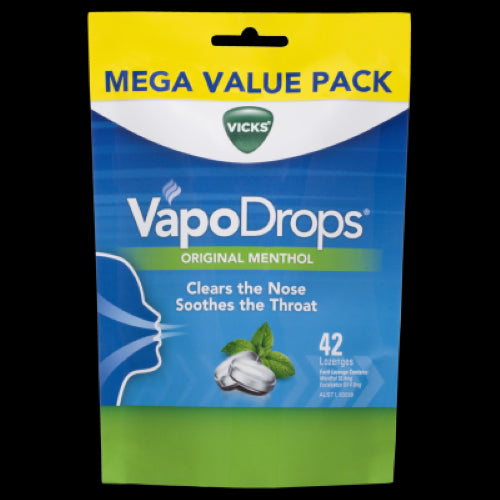 Vicks VapoDrops Original Menthol Lozenges soothe throats and clear noses, offering quick relief in a convenient 42-pack.