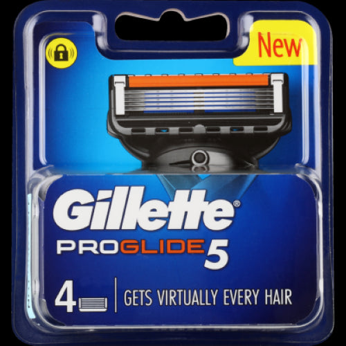 Gillette Proglide 5 Cartridges 4pk for precision shaving, featuring five ultra-thin blades and a comfort-enhancing design.