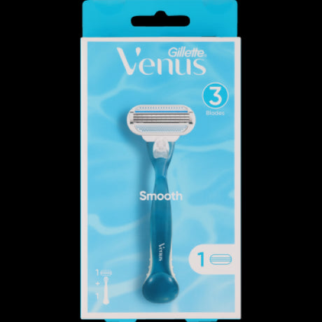 Gillette Venus Smooth Razor with 1 cartridge, designed for a close, gentle shave with a comfortable grip and hydrating moisture strip.