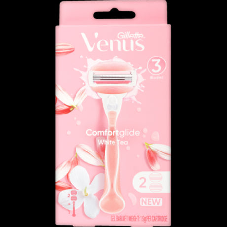 Gillette Venus Comfortglide White Tea Razor with 2 cartridges, featuring 3 moisture-rich strips for a smooth, soothing shave.