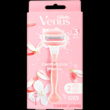 Gillette Venus Comfortglide White Tea Razor with 2 cartridges, designed for a smooth, irritation-free shave with moisturizing strips.