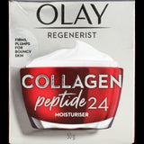 Olay Regenerist Collagen Peptide 24 Moisturiser in a 50g jar, providing 24-hour hydration and rejuvenation for youthful skin.