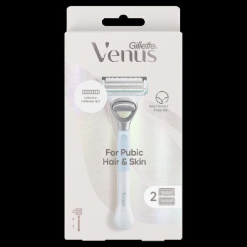 Gillette Venus razor designed for delicate areas, featuring skin-softening blades and an ergonomic handle for a smooth, irritation-free shave.