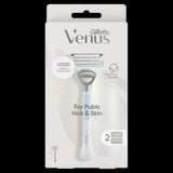 Gillette Venus razor designed for delicate areas, featuring skin-softening blades and an ergonomic handle for a smooth, irritation-free shave.