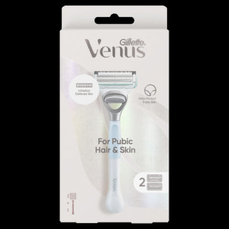 Gillette Venus razor designed for delicate areas, featuring skin-softening blades and an ergonomic handle for a smooth, irritation-free shave.