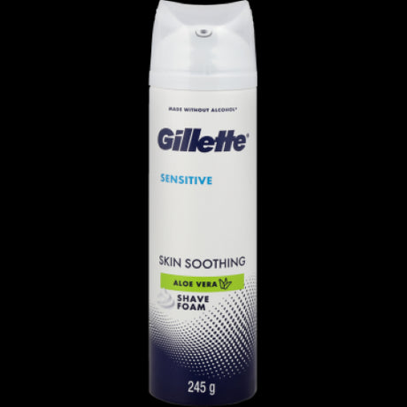 Gillette Sensitive Skin Shaving Foam with aloe vera, 245g, soothes skin and reduces irritation for a comfortable shave.