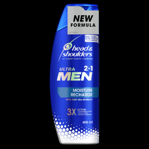 Head & Shoulders Ultra Men 2-in-1 Shampoo and Conditioner, 400ml, revitalizes hair, combats dandruff, and hydrates for fresh, manageable locks.