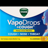 Vicks VaporDrops Honey Lemon Menthol Lozenges: soothing cough relief with honey, lemon, and menthol in a 16-pack.