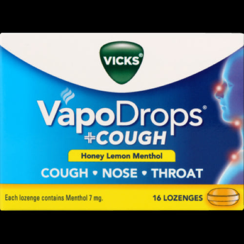 Vicks VaporDrops Honey Lemon Menthol Lozenges: soothing cough relief with honey, lemon, and menthol in a 16-pack.