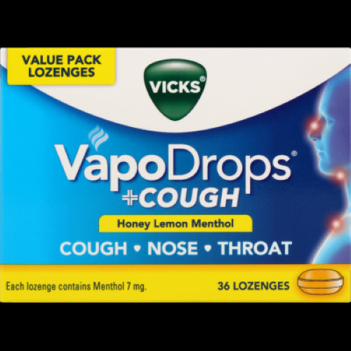 Vicks VapoDrops Honey Lemon Menthol Lozenges – 36-pack cough relief with soothing honey-lemon taste and menthol for congestion.