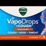 Vicks VaporDrops Orange Menthol Lozenges in a 16-pack for soothing relief from coughs and sore throats.