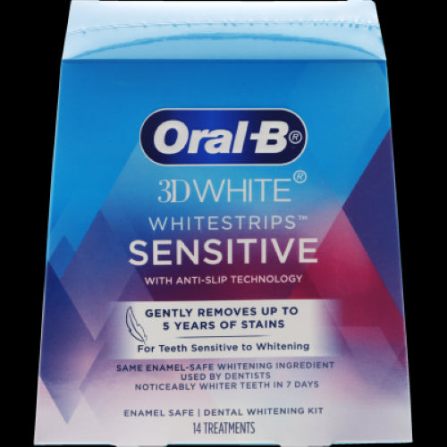 Oral-B 3D White Sensitive Tooth Whitening Strips 14pk for gentle stain removal, designed for sensitive teeth, brightening smiles effectively.