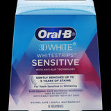 Oral-B 3D White Sensitive Tooth Whitening Strips packaging featuring 14 strips for effective and gentle whitening for sensitive teeth.