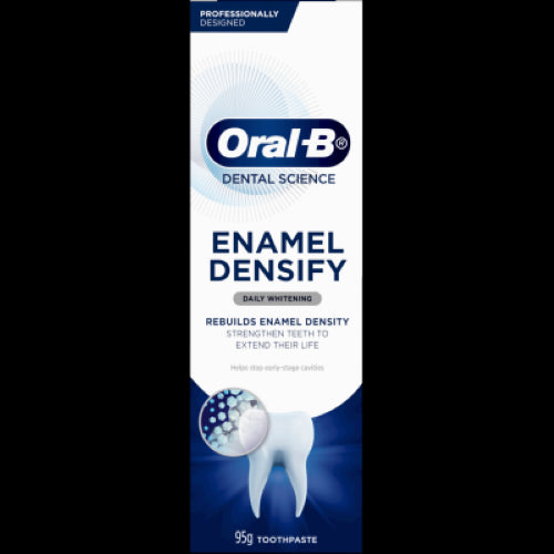 Oral-B Enamel Densify Daily Whitening Toothpaste 95g enhances smile brilliance while strengthening and whitening teeth.