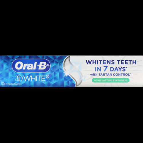 Oral-B 3D White Long Last Fresh Toothpaste 190g, designed for whiter teeth in 7 days with minty freshness and tartar control.