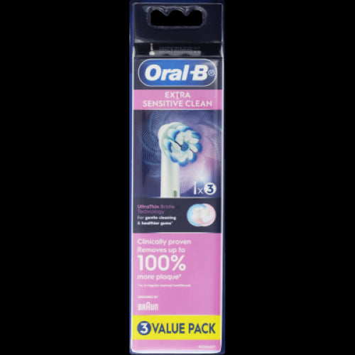 Oral-B Extra Sensitive Electric Brush Heads 3pk with ultra-soft bristles for gentle cleaning, ideal for sensitive gums.